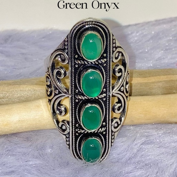 Green Onyx Gemstone Handmade Filigree Shield Armor Ring - Picture 10 of 11